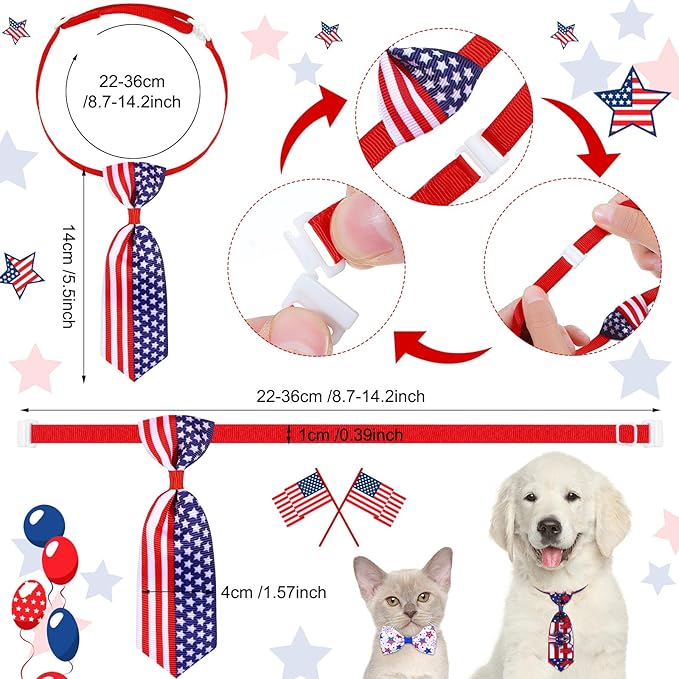 Eccliy 120 Pcs 4th of July Patriotic Dog Bow Ties Independence Day Red White Blue Bow Ties Dog Collars American USA Memorial Day Patriotic Bowties Neckties Adjustable Basic Pet Collars Accessories