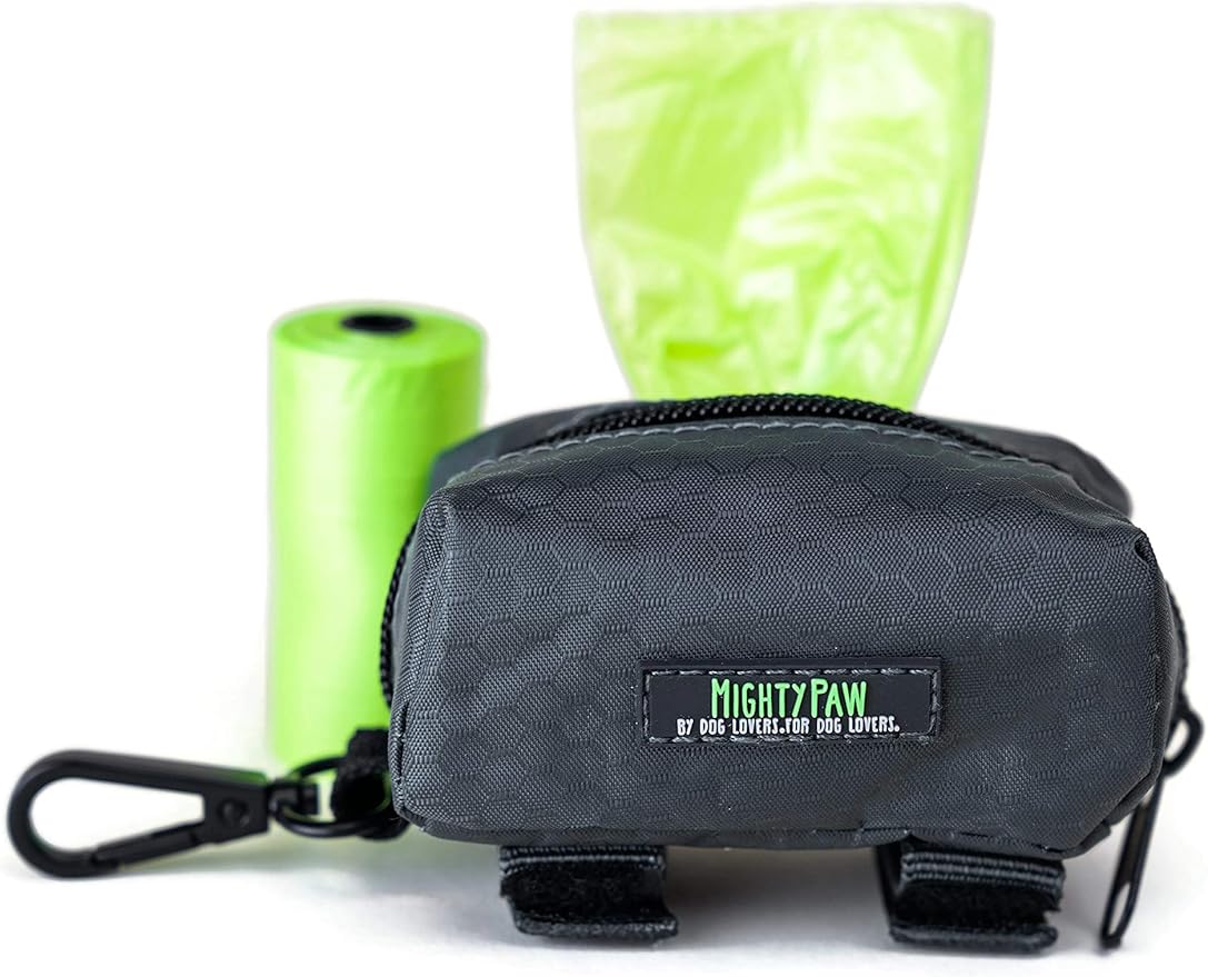 Mighty Paw Dog Poop Bag Holder - Zippered Pouch with Carabiner Hook - Includes Roll of Pick-up Bags - Pet Poop Holder and Dispenser - Pet Walking Supplies - (Grey/Green)