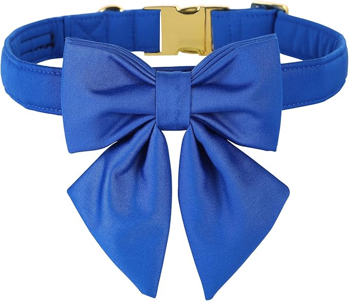 Maca Bates Klein Blue Dog Collar with Cute Solid Sailor Bow Tie for Large Girl Boy Dogs,Adjustbale Durable Breakaway Soft Collars with Bowtie for Female Male Puppy,Pet with Metal Buckle