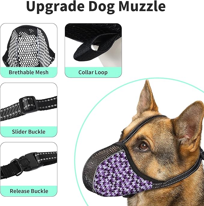 Dog Muzzle for Extra Large Size Dogs to Prevent Biting Chewing Barking Soft Air Mesh Muzzles Reflective Ajustable Full Coverage Dog Mouth Guard Cover for Grooming Scavenging Purple XXL