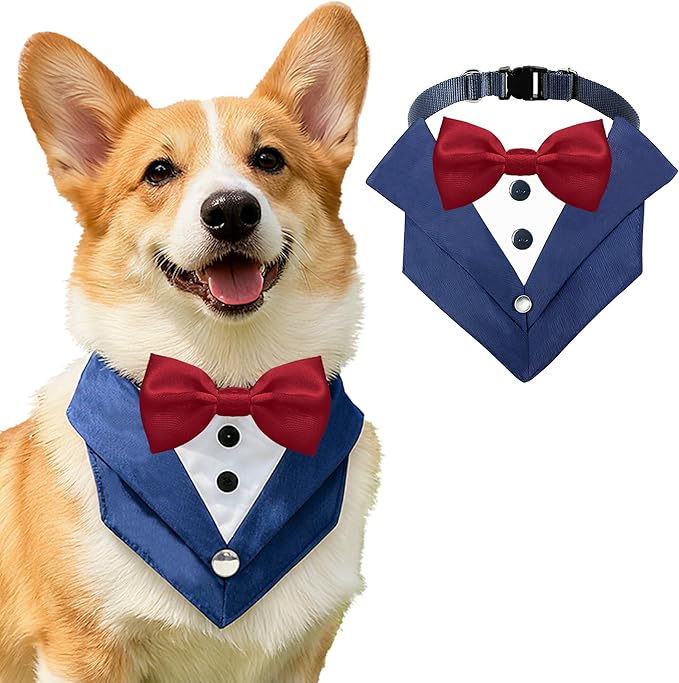 AVERYDAY Dog Tuxedo Wedding Outfit Bandana Collar with Bow Tie, Dog Tux Costume Suit with Bowtie for Small Medium Large Dogs & Cats, Pet Tuxedo Formal Wear for Engagement Birthday, Holiday, Christmas