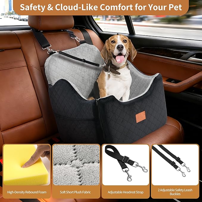 XEEP Dog Car Seat Bed for Small/Medium Dogs – 2 in 1 Car Seat for Dogs Up to 35 lbs -Use Travel Booster Seat with Memory Foam, Safety Belt, Bonus Urine Pad & Blanket, Removable Washable Cover, Grey