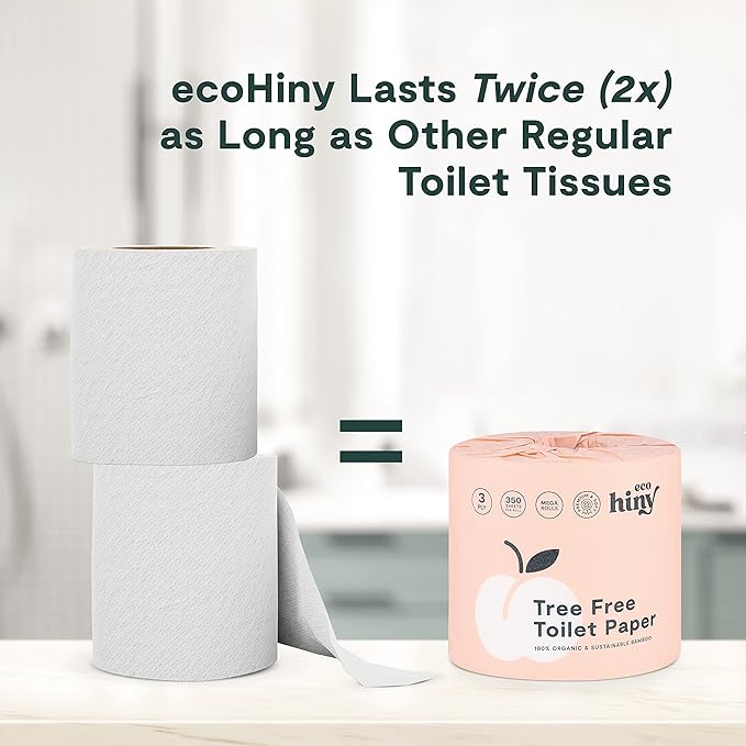 ecoHiny Premium & Soft Bamboo Toilet Paper | PFAS Free | 24 Mega Rolls, 3 ply & 350 Sheets | Non Toxic, FSC Certified, Septic Safe, BPA Free | Tree Free Toilet Tissue | Plastic Free Packaging