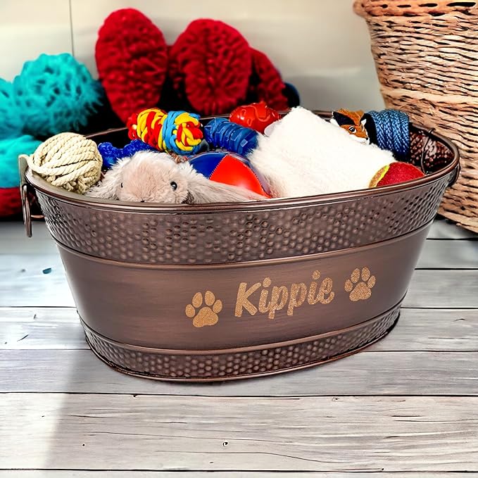 BREKX Personalized Metal Dog Toy Bin - Copper Galvanized Storage Bin with Handles, Basket for Pet Toys, Dog Toy Box, Pet Storage - Custom Dog Name Gift