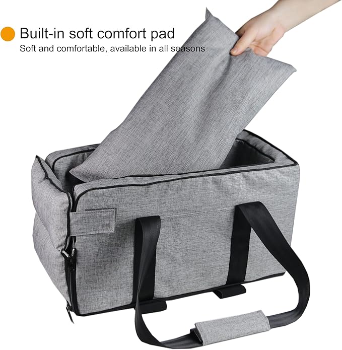 Pet Safety Booster Seat, Center Console Car Seat for Small Dogs Cats, Puppy Armrest Booster Seat, Pet Washable Travel Armrests Bed Bag, Removable Dog Car Seat for Small Pets Up to 13 Lbs (Grey)