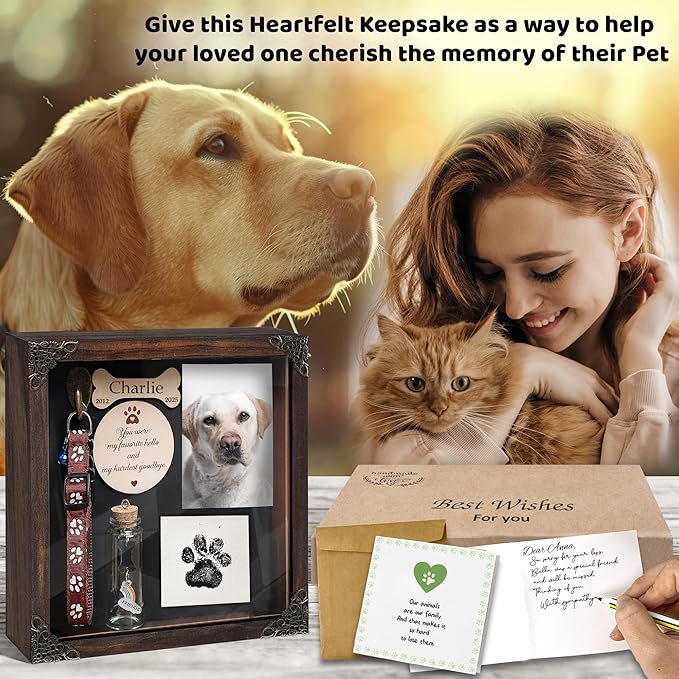 Personalized Shadow Box Dog Memorial Gift Collar Holder Picture Frame Sympathy Wood Pet Dog Cat Sculptures Fur Jar Rainbow Bridge Hair Teeth Keepsake Idea Gift for Pet Lover Tabletop Wall Hanging
