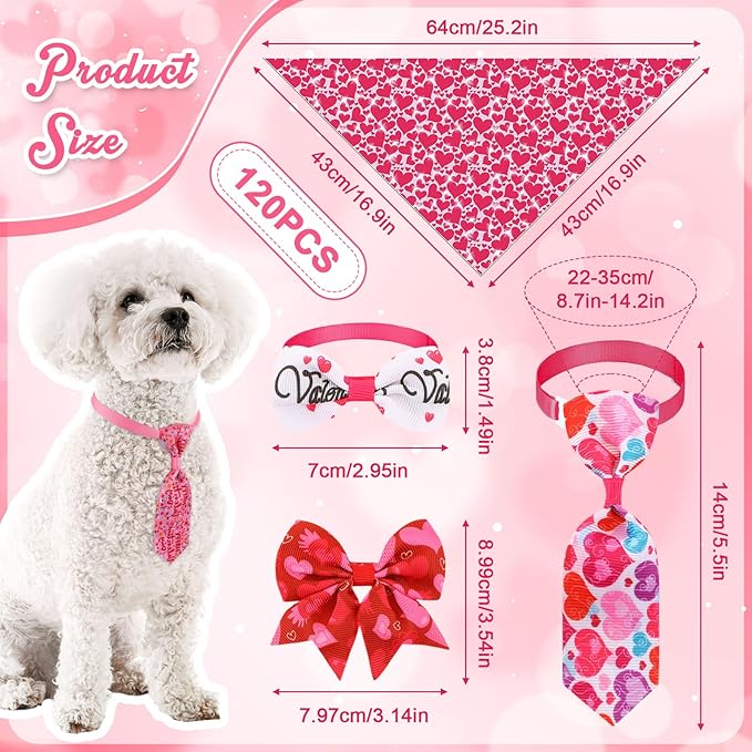 Reginary 120 Pcs Valentine's Day Dog Bandanas Bulk Dog Bows Set Bow Ties Cat Scarf Colorful Washable Triangle Pet Kerchief Cute Bib for Summer Small Medium Large Pets Grooming Accessories Costume