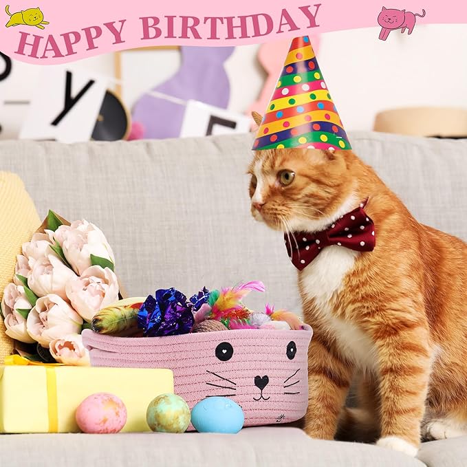 Zopeal 58 Pcs Cat Storage Basket Gift Toys Set, Colorful Flashing Balls Pet Bell Crinkle Balls Spring Toys Attract Cat to Swat, Hunt, Interactive for Pet(Pink,9.8 Inch)