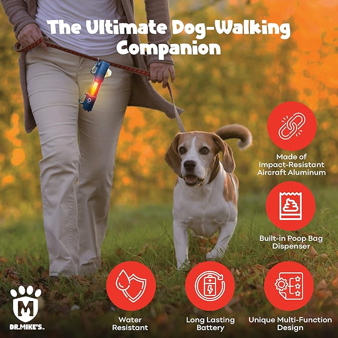 Dr. Mike's Doggie Doo All Rechargeable Flashlight with Poop Bag Dispenser, 6 Mode High Lumen Heavy Duty Flashlight with Sidelight, Self Defense Clip On Flashlight for Dog Leash with Waste Bags