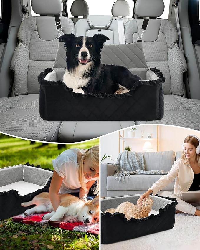 Dog Car Seat for Large Medium Dogs Under 55 lbs, Dog Booster Seat for 2 Small Dogs, Detachable Washable Pet Travel Bed with Thick Memory Foam Cushion, Safety Belt and Storage Pockets | Black