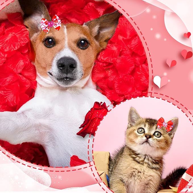 Tondiamo 100 Pack Valentine's Day Hair Bows with Rubber Bands Heart Pattern Puppy Bows for Dogs Spring Ear Rhinestone Pet Hair Grooming Accessories for Small Girl Cats