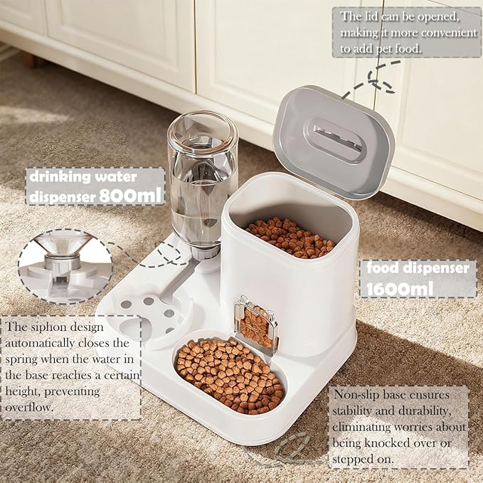 Gravity Pet Feeder and Water Dispenser Set, Cat Food Automatic Feeder and Automatic Dog Feeder and Water, Suitable for Small Pets Such as Cats and Dogs (Grey)