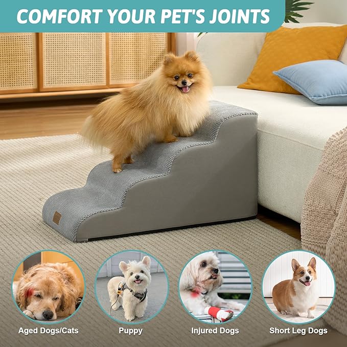 Dog Stairs for Small Dogs 15.7" H, 4-Step Sturdy Foam Dog Steps for Couch or Sofa, Curved Pet Stairs for Puppy and Older Cat, Doggie Ladder with Washable Cover, 15.7x28.3x15.7 inch, Gray