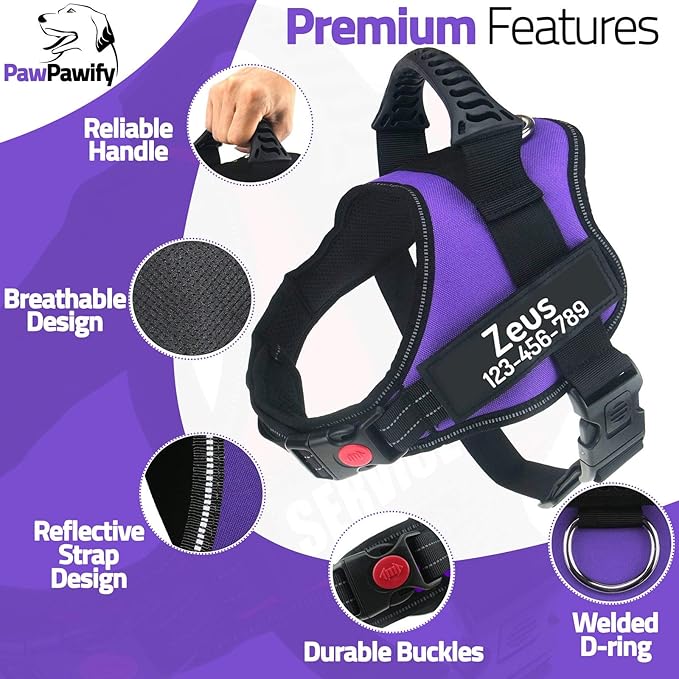 Personalized No Pull Dog Harness with Custom Name and Phone Number by PawPawify, Heavy Duty Pet Vest to Prevent Tugging, Pulling, or Choking, Training and Walking