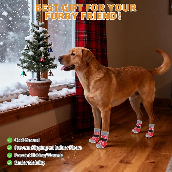 KOOLTAIL Dog Socks to Prevent Licking Paws, Dog Christmas Outfit Shoes for Winter Snow Pavement, Warm Fleece Pet Boots & Paw Protector for Hardwood Floors Anti Slip, Small Medium Large Size, Red XL