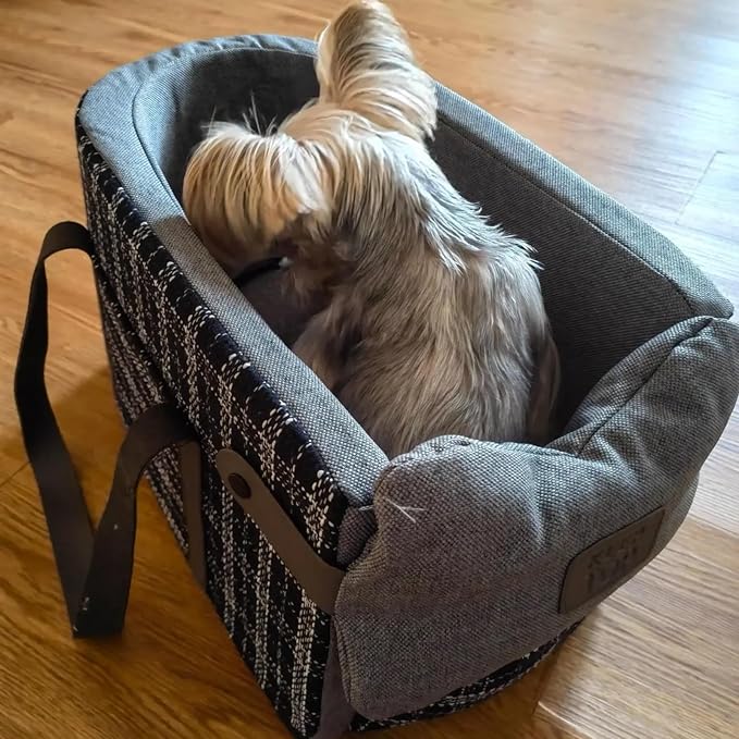 Pet Car Seat for Small Dogs & Cats, Large Space with Soft Cushion, Removable Design, Secure Straps, Fits Most Vehicles (Blue-Grey Plaid, 9.8 * 17.7 * 9.8 inches)