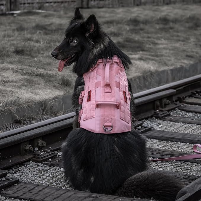 OneTigris Large Tactical Dog Harness, No Pulling Adjustable Dog Vest Harness, Heavy Duty Dog Harness with Handle, Large Hook and Loop Panels for Patch(Pink,L)