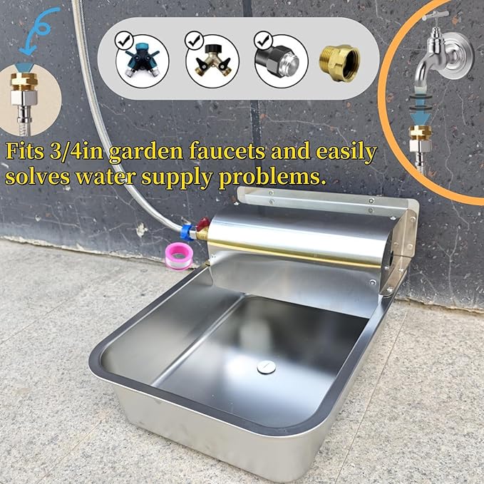 11L Automatic Dog Water Dispenser, 304 Stainless Steel with Water Valve Switcher and 3/4'' Brass Adapter, with Drain Hole for Dog, Cat, Alpaca, Chickens, Livestock