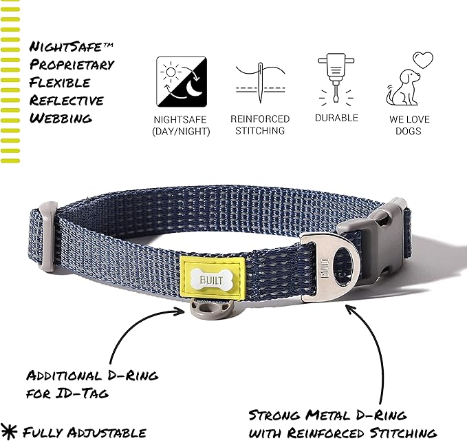 BUILT PET NightSafe Reflective Adjustable Dog Collar, Helps You See Animals in The Dark, High Visibility Evening & Winter Dog Walking Safety Collar with Light Reflecting Trim, Large, 46 – 66cm, Blue