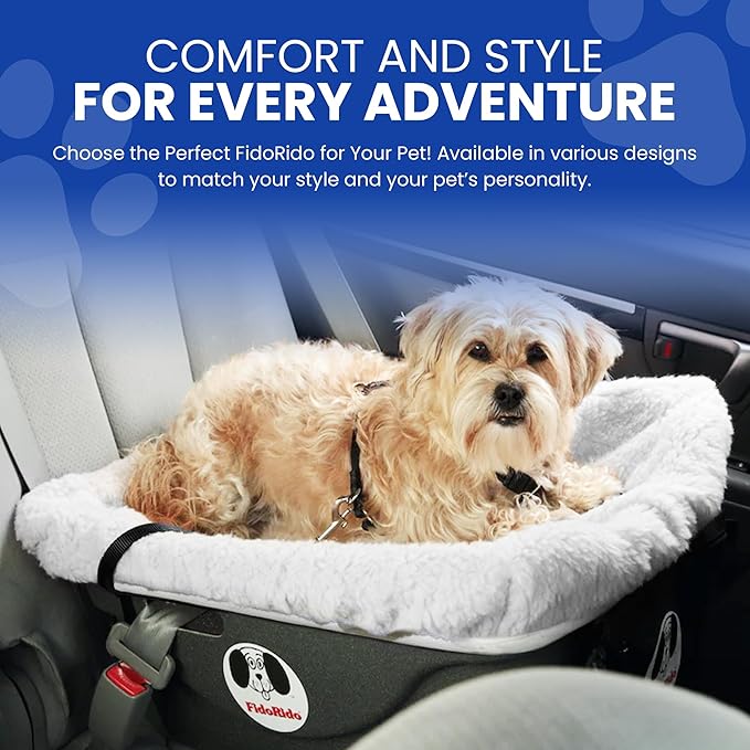 FidoRido Dog Car Seat - Pet Booster Seat for Small to Large Dogs with Comfortable Cushions, Sherpa Cover, and Safety Straps, Easy to Install, and Ideal for Travel, White Sherpa - Large Harness