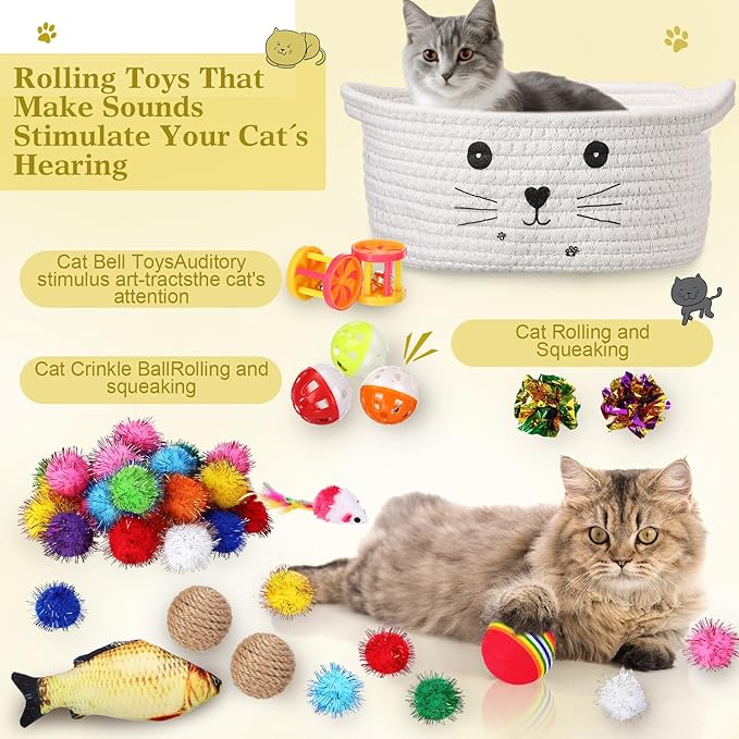 Zopeal 58 Pcs Cat Storage Basket Gift Toys Set, Colorful Flashing Balls Pet Bell Crinkle Balls Spring Toys Attract Cat to Swat, Hunt, Interactive for Pet(White,9.8 Inch)