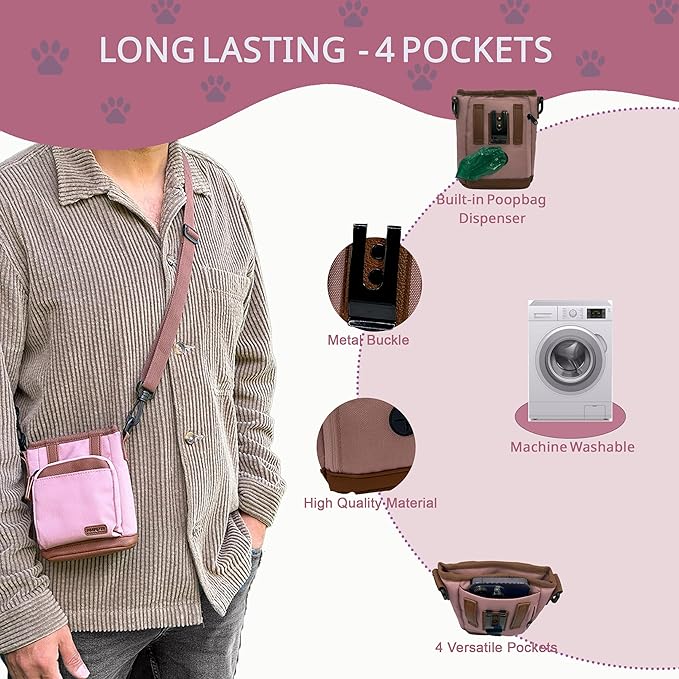 BEAU&FUR Small Dog Treat Pouch with Clicker for Training – 2 Cup Capacity, Built-In Poop Bag Dispenser, Storage for Snacks and Toys - Hands-Free Pouch Snack Holder for Walking and Training – Pink