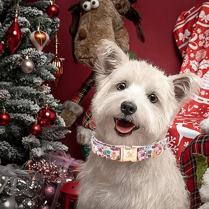 Elegant little tail Christmas Dog Collar, Pink Gingerbread Man Print Pet Collar Dog Durable Cute Dog Collars Winter Holiday Male or Female Pet Gift Adjustable Dog Collar for Medium Dogs