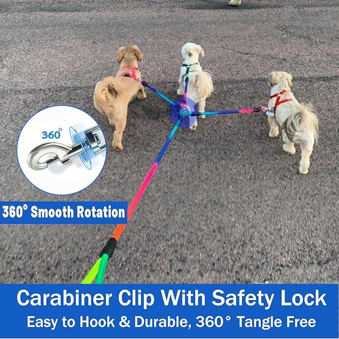 Heavy Duty 3 Dog Leash for Large Dogs No Tangle Detachable 360° Swivel Device with Padded Handle for Two/Three Pets