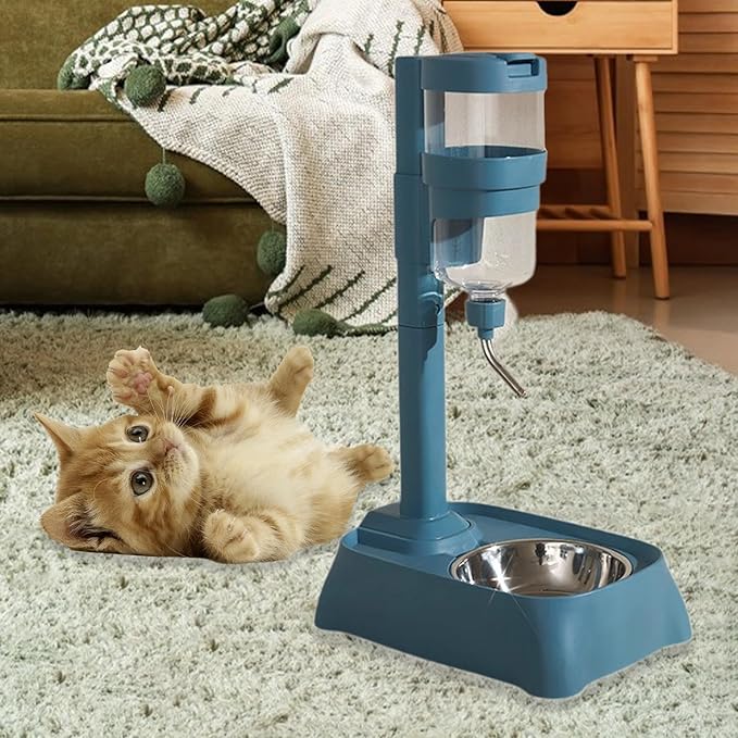 Pet Feeder Waterer Water Bottle Stand Adjustable Height 2 in 1 Food Container Automatic Food Feeder Dog Bowl for Rabbits Cat, Blue