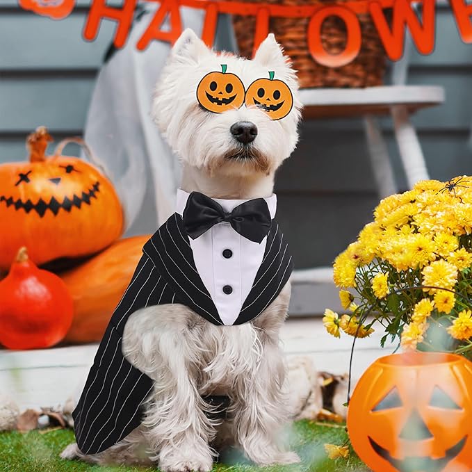 PUMYPOREITY Dog Tuxedo and Bandana Set, Formal Gentleman Dog Attire with Bowtie for Wedding, Birthday, Christmas, 2 Pieces/Pack, L, Stripe