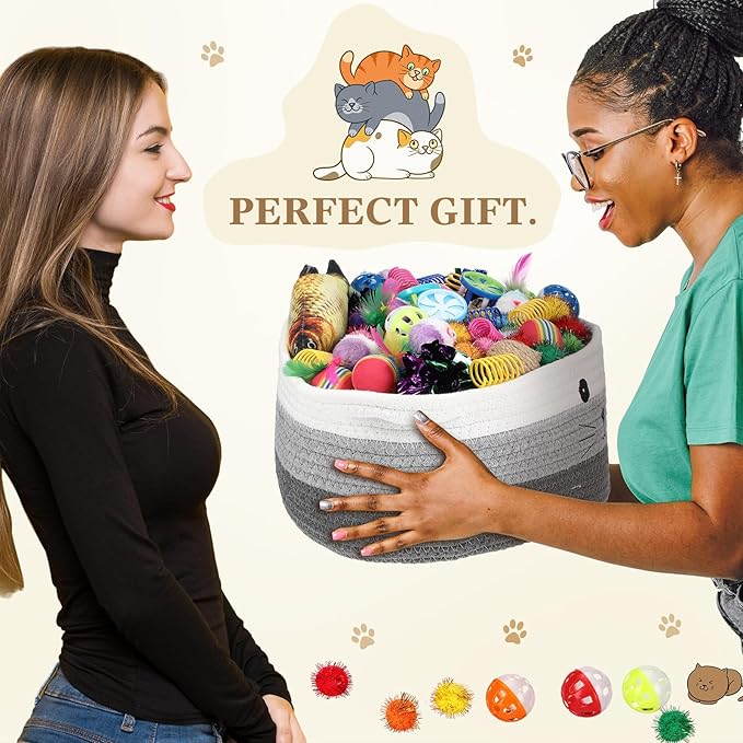 Zopeal 58 Pcs Cat Storage Basket Gift Toys Set, Colorful Flashing Balls Pet Bell Crinkle Balls Spring Toys Attract Cat to Swat, Hunt, Interactive for Pet(Multicolor,12 Inch)