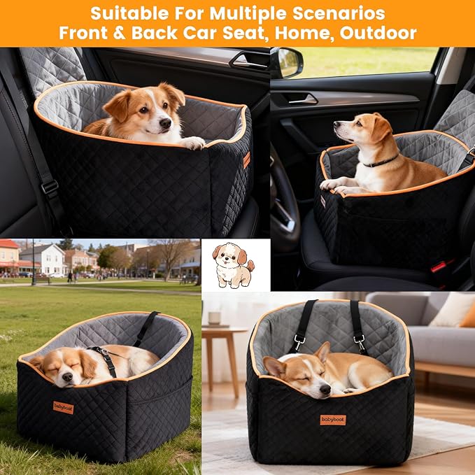 Babyboat Dog Car Seat for Small & Medium Pet Adjustable Height Dog Booster Car Seat with 2 Cushion Up to 30lbs Pet Detachable Travel Pet Bed with Remove Cover, Storage Pockets - Black