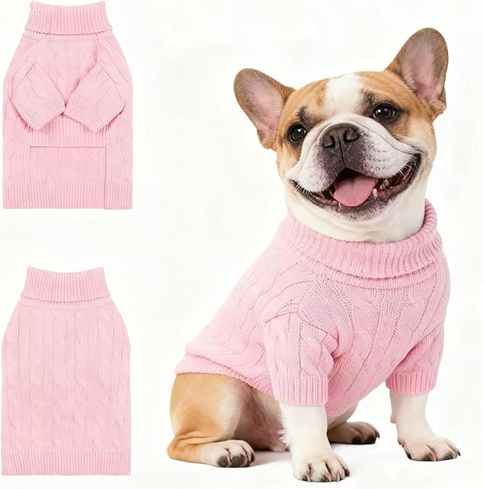 Small/Medium Dog Sweater, Warm Dog Winter Coat w/Sleeves, Comfortable High Neck Premium Dog Clothes for Bulldog-Best for Holidays, Daily Walks L Pink