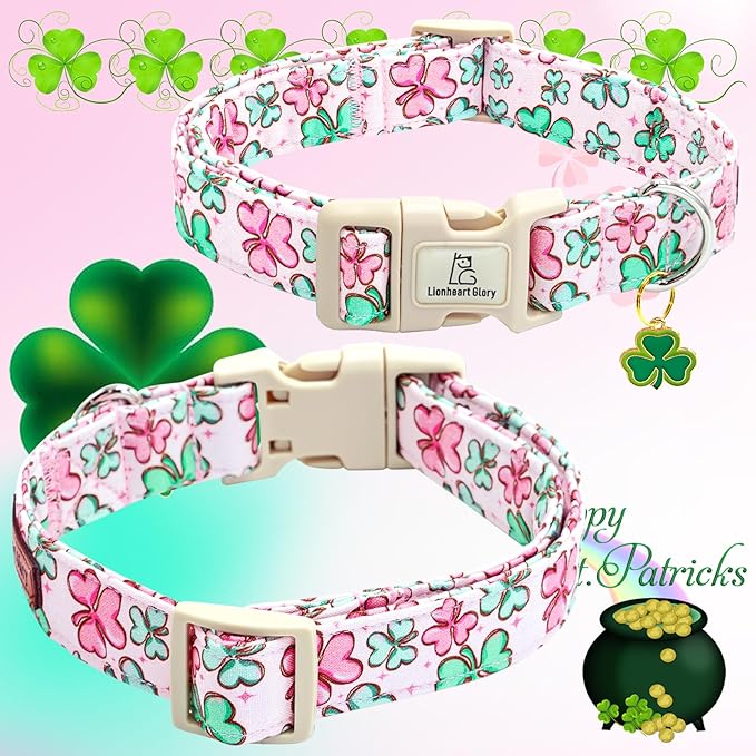 Lionheart glory St. Patrick Dog Collar, Clover Pink Collar for Large Dogs Spring Female Dog Collars Adjustable Heavy-Duty Dogs Collar Pet Gift Plastic Buckle