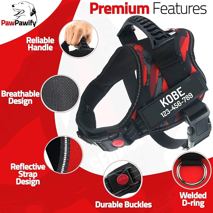 Personalized No Pull Dog Harness with Custom Name and Phone Number by PawPawify, Heavy Duty Pet Vest to Prevent Tugging, Pulling, or Choking, Training and Walking Red Camo