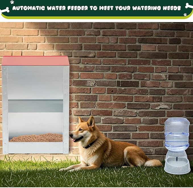 Automatic Dog Feeder and Water Dispenser Set, 25 Lbs Galvanized Gravity Outdoor Cat Food Feeder Large Capacity 3.5 L Indoor Animal Pet Water Drinking Dispenser Station