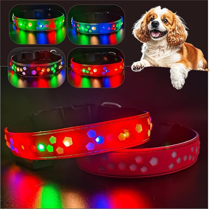 customerlized Personalized Dog Collar USB Rechargeable, Waterproof airtag Holder LED Light Up Dog Collar Adjustable Soft Silicone Collar for Medium Large Dogs (Pink PRO, S(7.87-11.8"))