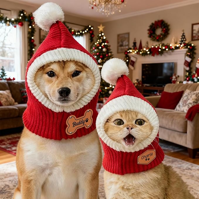 Custom Dog Beanie with Leather Patch Name, Personalized Santa Hat for Dog, 2025 Christmas Hats for Dog & Cat, Pom Pom Winter Hat for Small Medium Large Dogs Cats