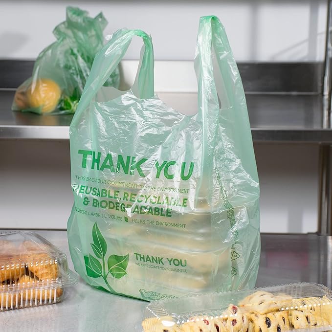 Eco Green Plastic Bags - 100 Count Biodegradable Shopping Bags-Thank You - 22" x 12" Carry Out Bag. (100)
