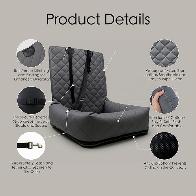 Dog Car Seat for Small & Medium Dogs – Waterproof Microfiber Leather Pet Car Seat with Washable Pee Pad, Scratch & Fur Resistant, Foldable Dog Bed for Home & Travel, Non-Slip Design, Matte Gray