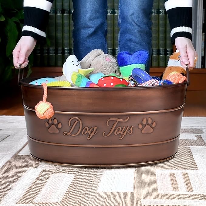 BREKX Indestructible Metal Dog Toy Bin - Galvanized Metal Bin with Handles for Accessory Storage - Pet Toy Basket, Blanket Basket - Storage Dog Toy Box, Farmhouse Decor (Copper - 25 Quart)