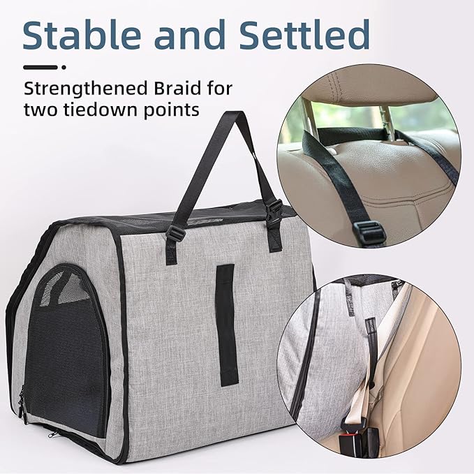 Travel Safety Carrier for Pets, Collapsible Dog Crate for Car Travel, Portable Car Seat Kennel for Small Medium Dogs Cats with Storage, Soft Dog Soft-Sided Carrier with Mesh Zipper Windows L