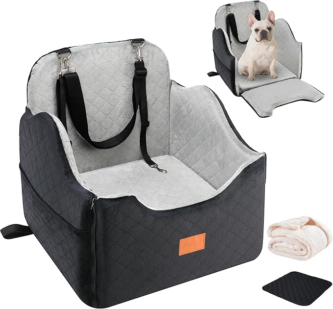 XEEP Dog Car Seat Bed for Small/Medium Dogs – 2 in 1 Car Seat for Dogs Up to 35 lbs -Use Travel Booster Seat with Memory Foam, Safety Belt, Bonus Urine Pad & Blanket, Removable Washable Cover, Grey