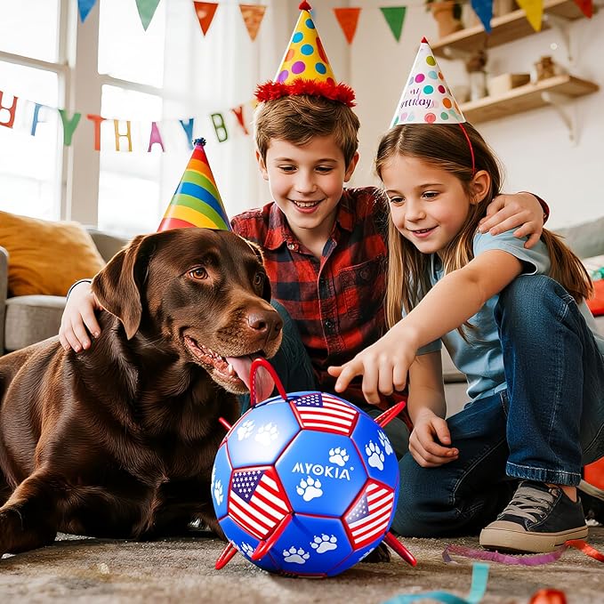 Size 2 Dog Soccer Ball with Straps Durable Training Ball for Pets Interactive Outdoor Dog Toy, Blue & Red, Paw Prints Flag Design, for Small to Medium Puppies, Pet Supplies