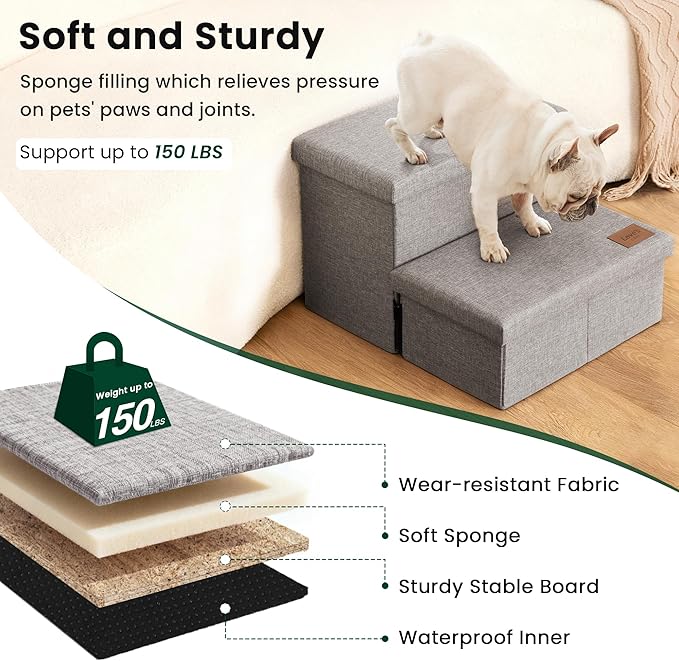 Love's cabin Dog Stairs with Storage 13" H,Foldable Pet Stairs for Small Medium or Large Dogs,Cat Puppy Steps Ramp with Zip up to 150 lbs(Solid Grey,2 Steps no Condo)