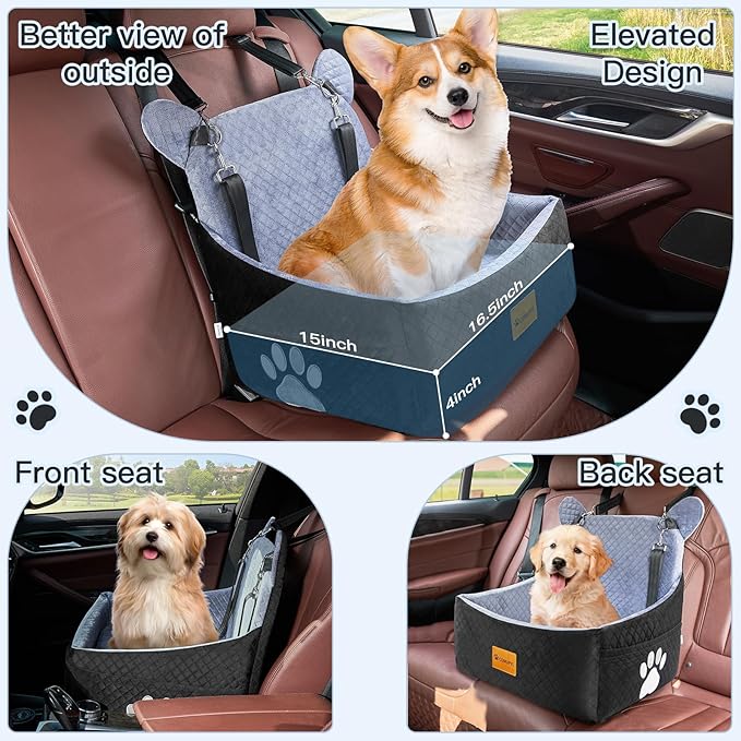 Dog car Seats for Small/Medium Dogs up to 33lbs- Washable, Waterproof, Dog Booster & car Seats with 2 Easy-Install Safety Belts, Non-Slip Base & Storage Pocket(Grey Black).
