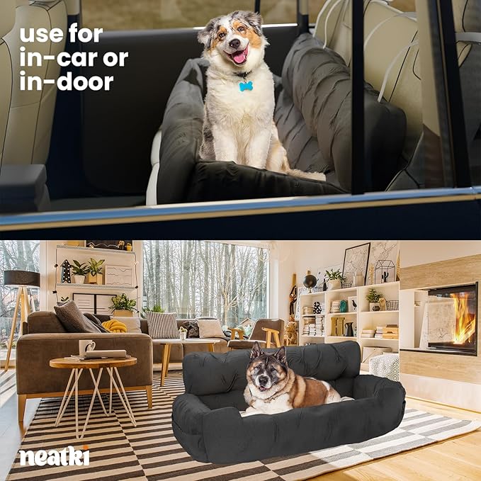 Dog Car Seat, Pet Booster Seat, Adjustable Straps, 2 Safety Leashes, Reversible Cushion, Side Pockets, Non-Slip Bottom (Gray, Small to Medium Dogs)