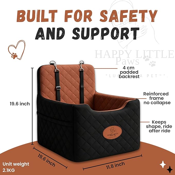 Dog Car Seat Booster for Small Dogs – Thick Cushion Elevated Travel Seat with Safety Straps, Reinforced Frame, Fits Cars & SUVs (Up to 35 lbs)