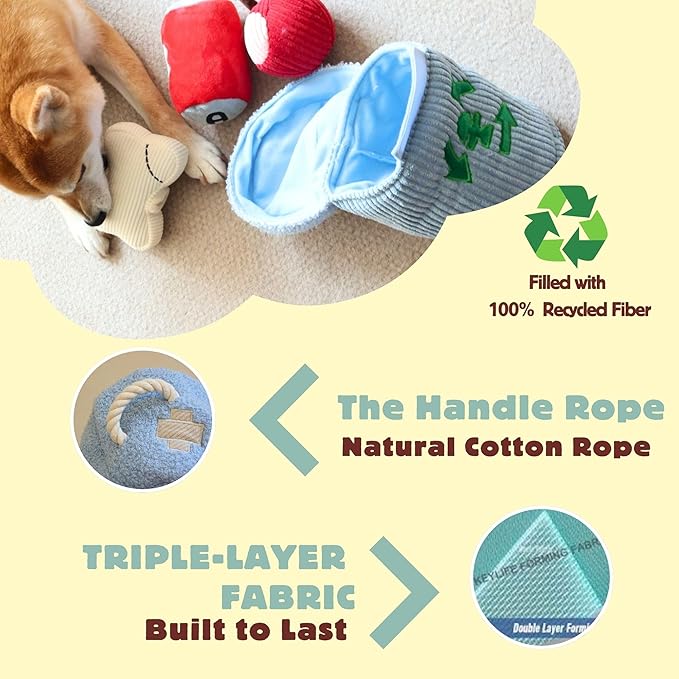 Dog Squeaky Toys, Plush Puzzle Dog Toy for Small Medium Large Dogs, Chew Fetch Brain Stimulating Toy, 3 Durable Small Dog Toys with a Big Trash Can