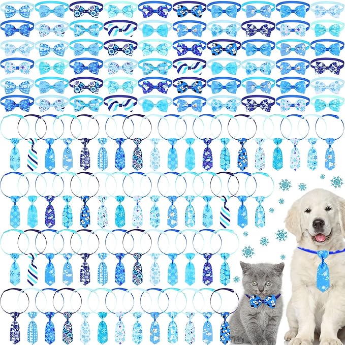 Eccliy 120 Pcs Winter Dog Bow Ties Collars Bulk Snowflake Dog Neckties Adjustable pet Hair Accessories Cute Cat Basic Bow Tie Winter Decoration for Party Decor